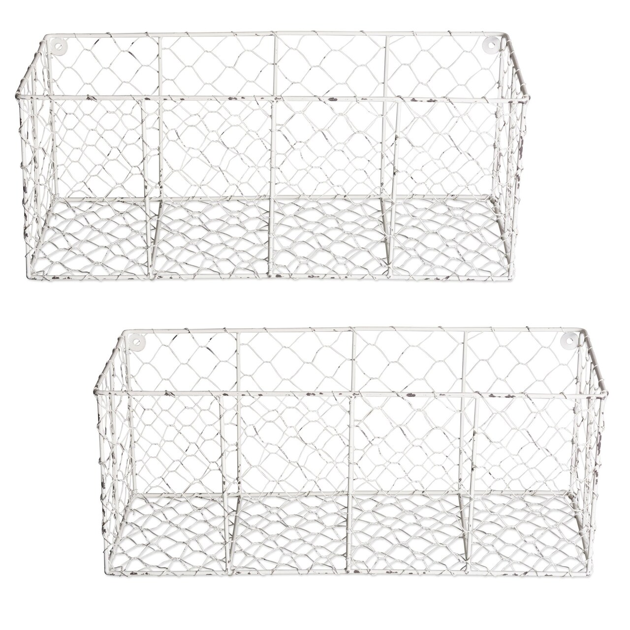 Contemporary Home Living Set of 2 Antique White Wire Medium Wall Basket Storage, 17"